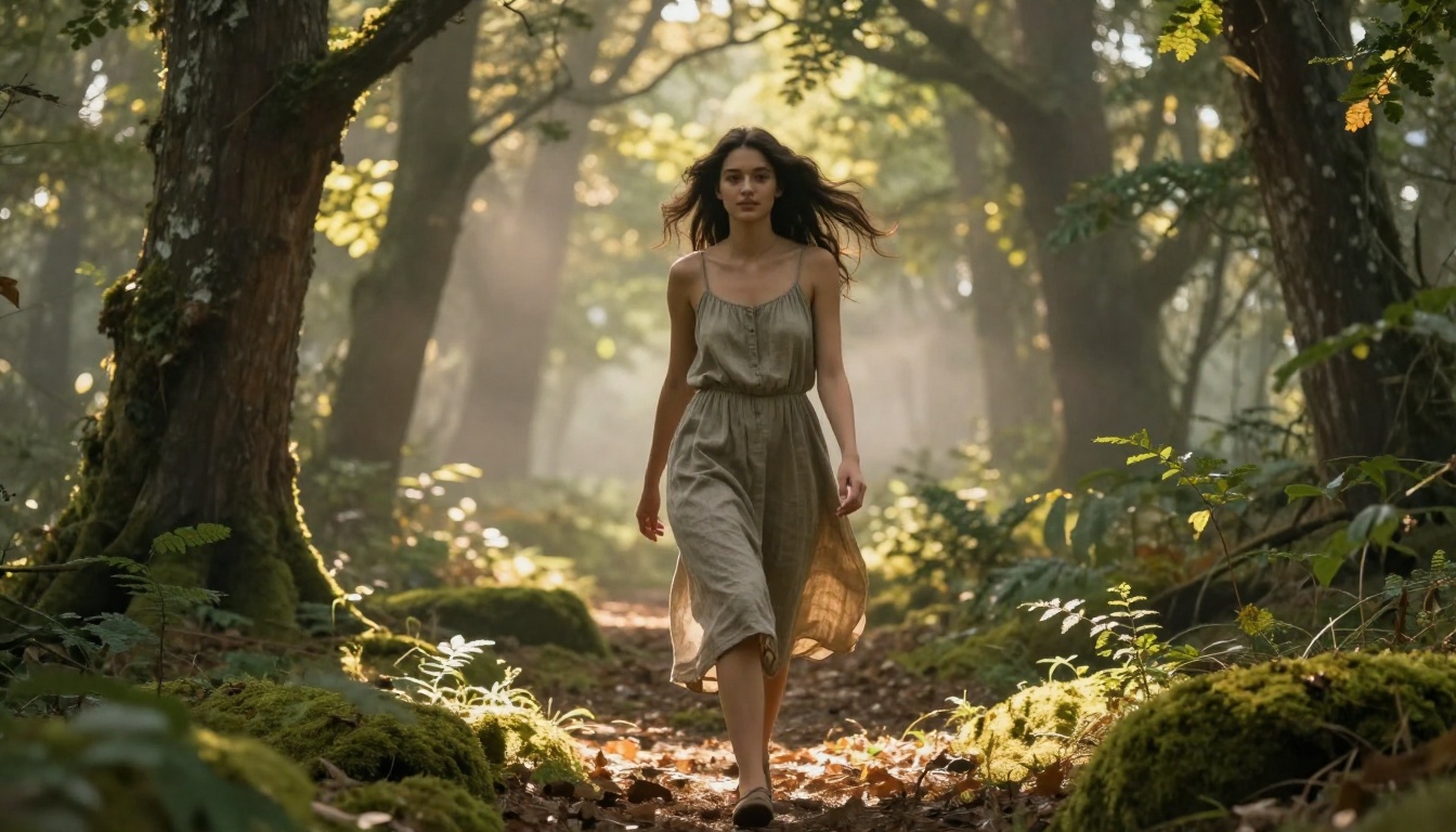 A woman walking through a sunlit forest, cinematic photorealistic scene