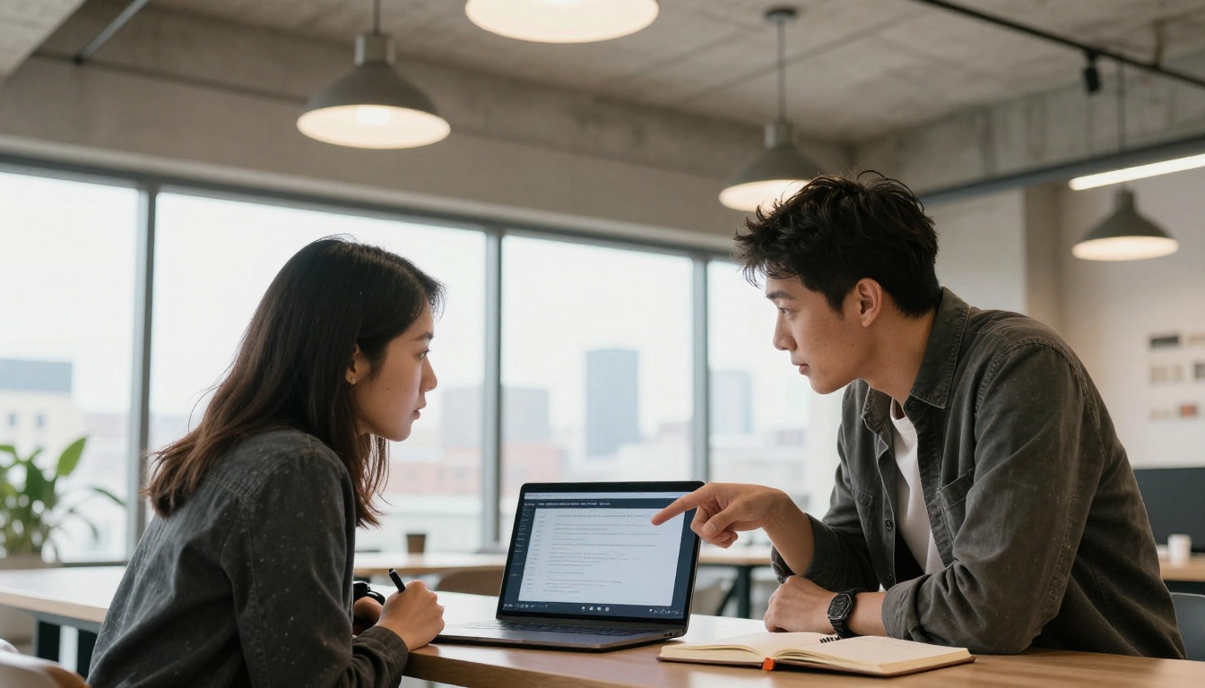 Two colleagues collaborating over a shared laptop in a bright co-working space