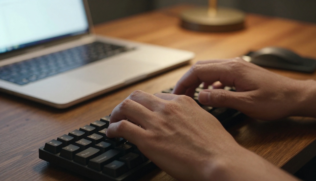Close-up of filmmaker's hands typing on a mechanical keyboard, macro photography