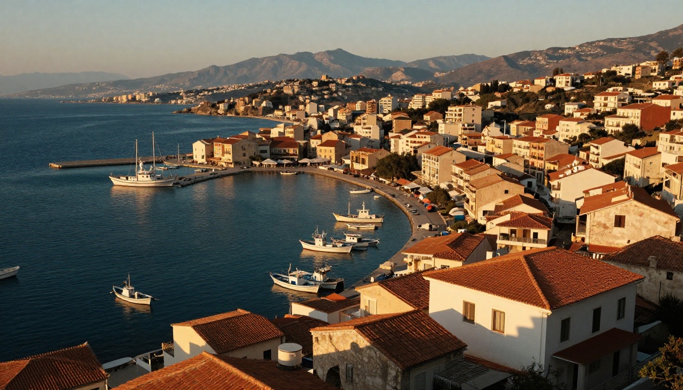 Aerial view of a coastal Mediterranean city at golden hour, photorealistic