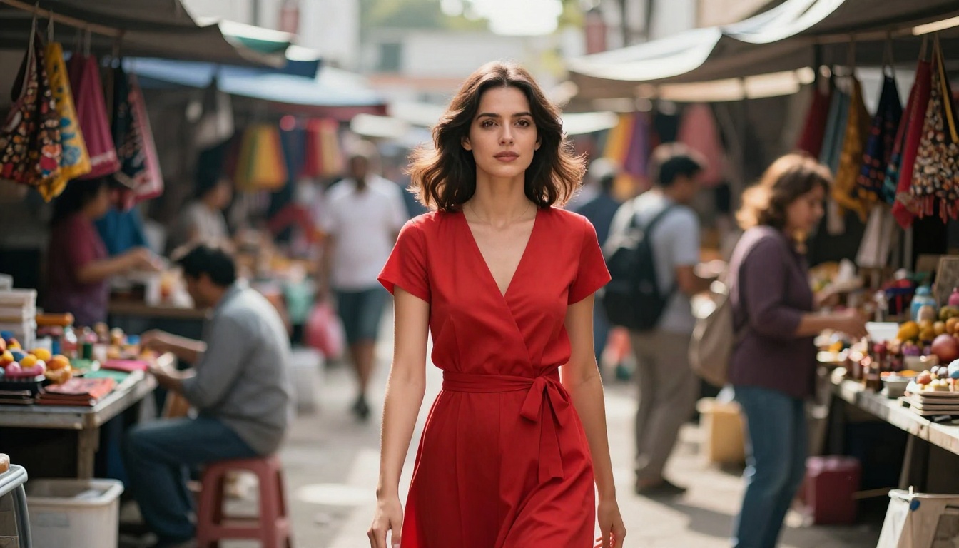 A woman in a red dress standing in a busy outdoor market, cinematic photorealistic