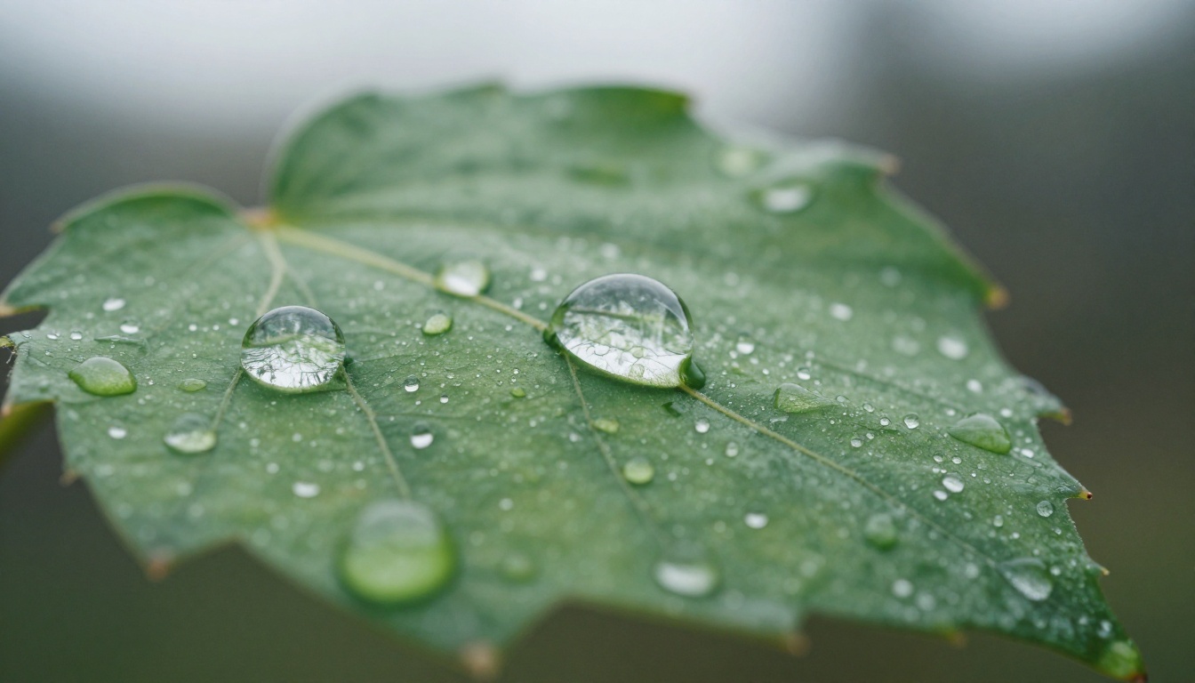 Macro close-up of a green leaf with crystalline raindrops, photorealistic 8K
