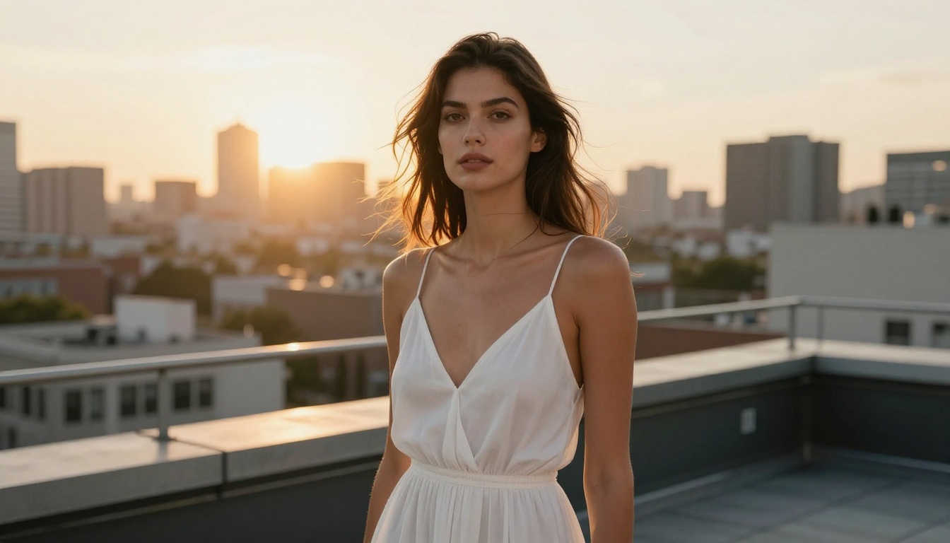 A woman in a white sundress on a rooftop at golden hour, photorealistic