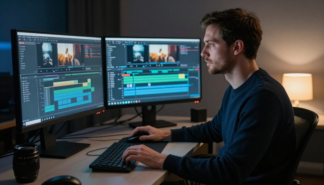A professional video editor at a dual-monitor workstation in a dim production studio