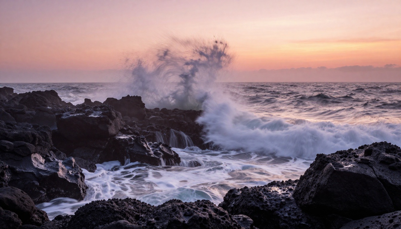 Dramatic ocean waves crashing against volcanic rocks at sunrise, photorealistic