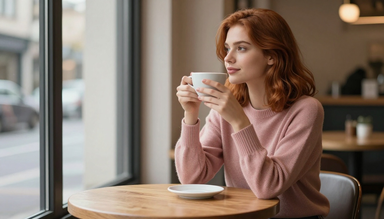 A woman with auburn hair at a café holding a coffee cup, soft natural window light